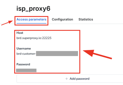 Access parameters with host, username, and password placeholders.
