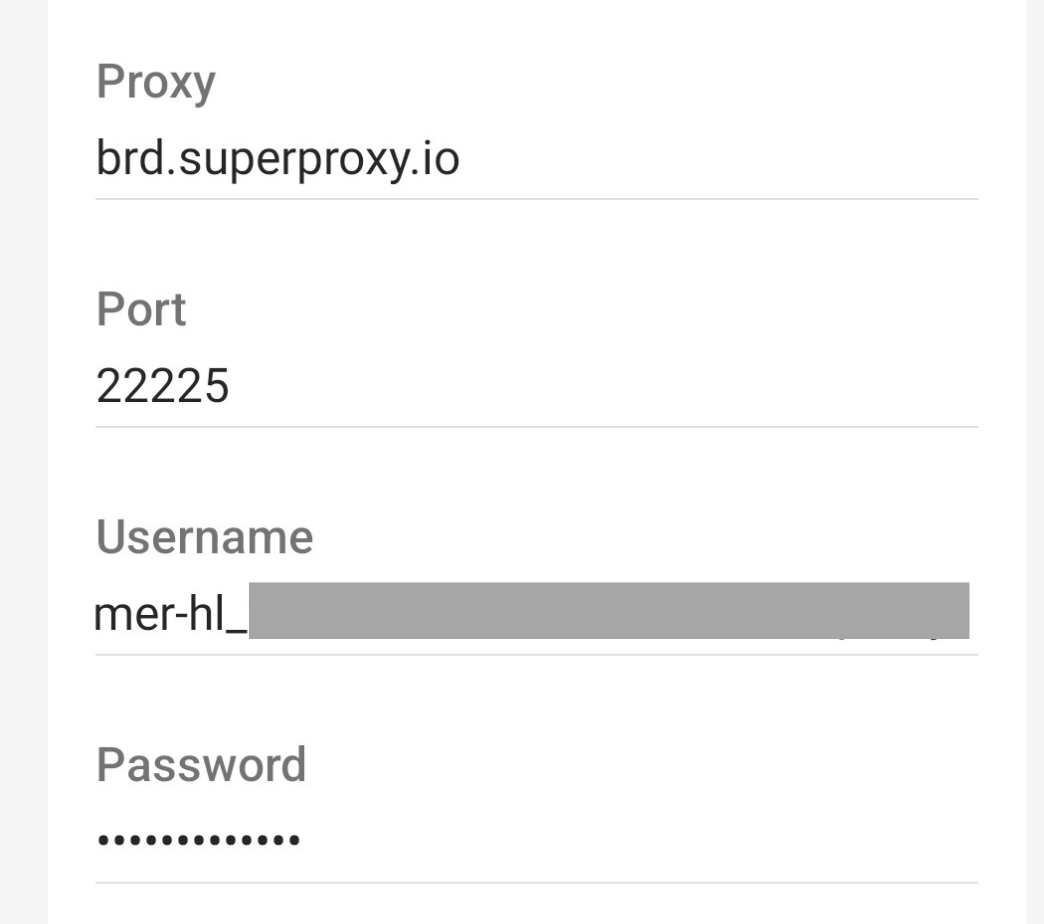 Proxy login details with server address and port number.
