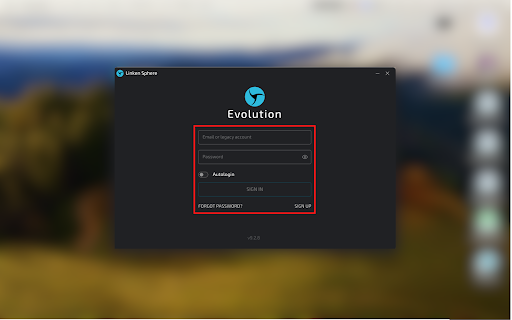 Login screen for Evolution application with email and password fields.