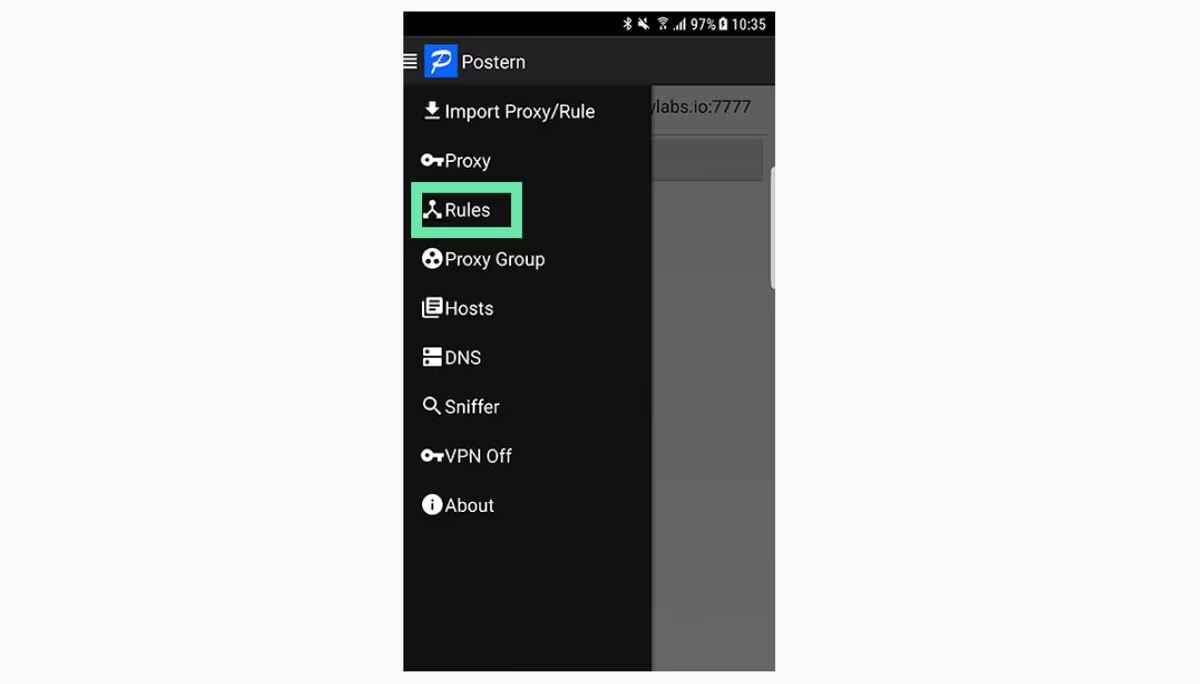Dark-themed Postern app menu with rule options.