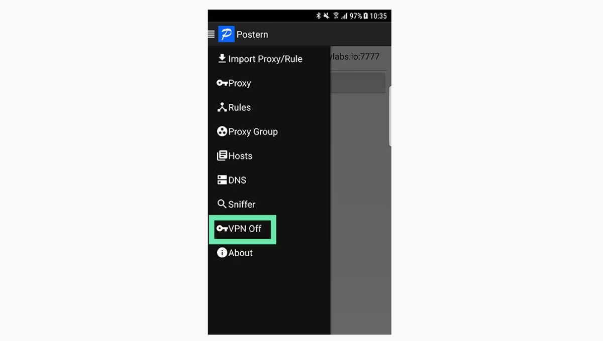 App menu with VPN Off highlighted.